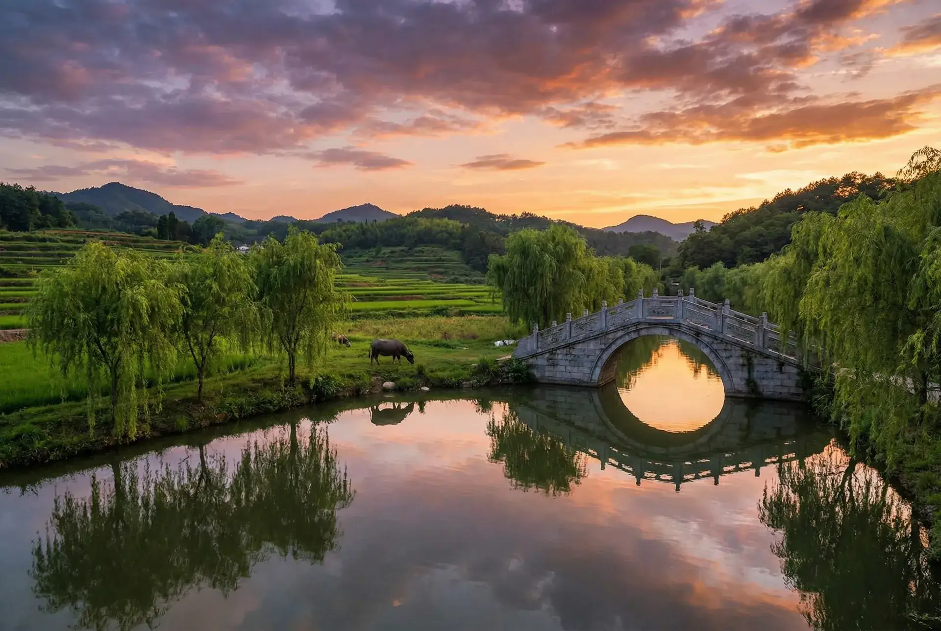 夕阳下的石拱桥与垂柳，水牛在河边吃草 - 残酷异常虐待物语 乡村美景